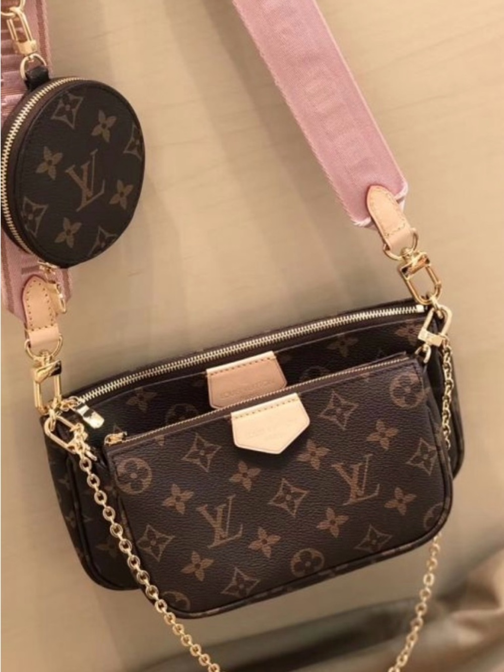 Monogram Canvas Multi-Pouch Shoulder Bag with Pink Strap